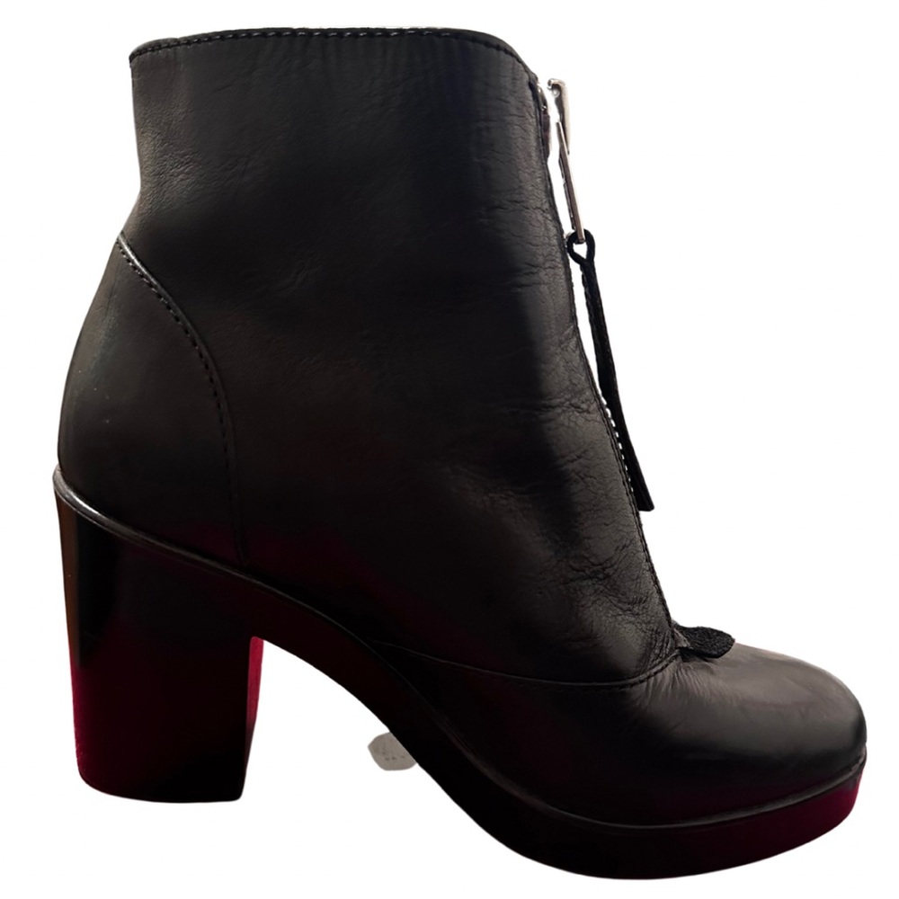 Topshop Black Leather Platform Ankle Boots with Front Zipper